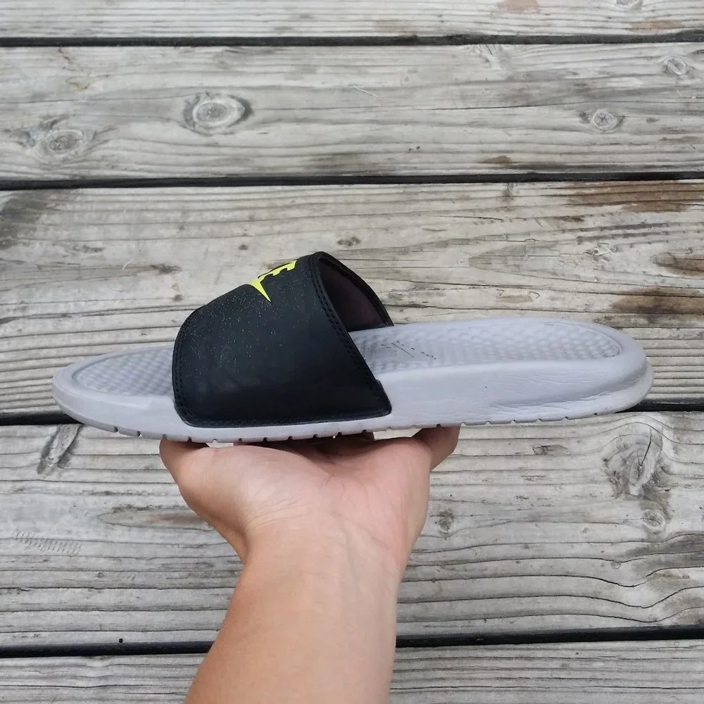 Women Size 9.5 / Size 8 Men Nike Benassi JDI Slides Sandals Wolf Grey Volt